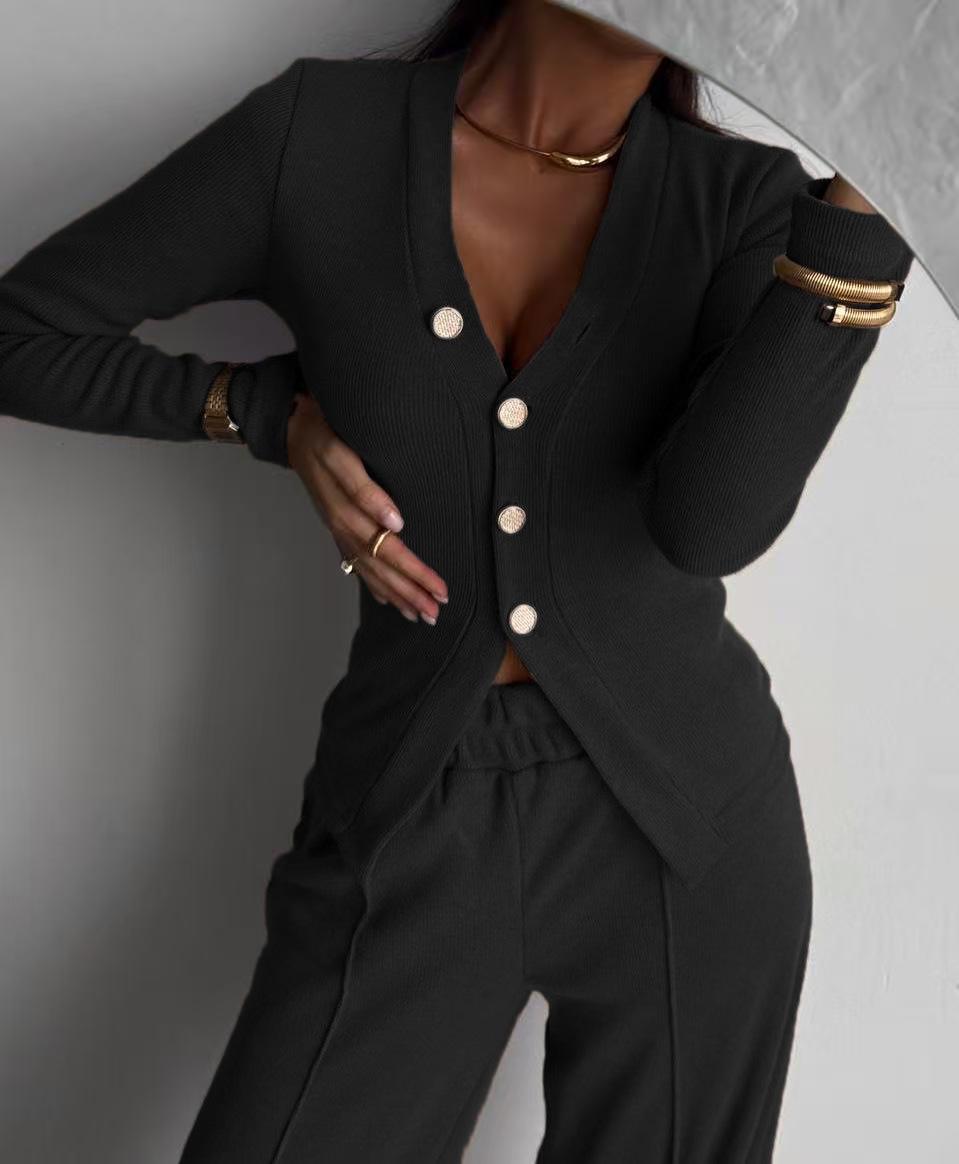 

2026 Casual Women s Cardigan and Pants Set S чёрный