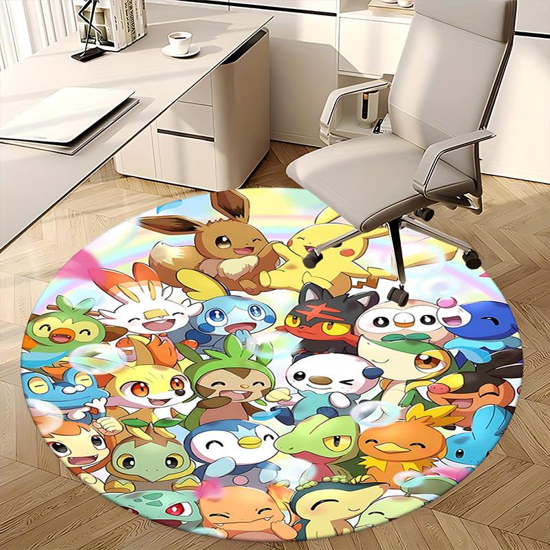 1 Stück Pokemon Pikachu & Freunde Runder Teppich - Anime Design Stuhlmatte für Büro, Heimdekoration, Wohnzimmer