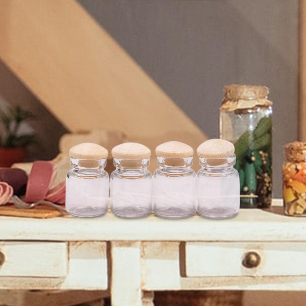 4 Pieces 1:12 Dollhouse Miniature Glass Jars Model Candy Jars Storage Jars with Wood Lid Ornament Food Toy Accessory