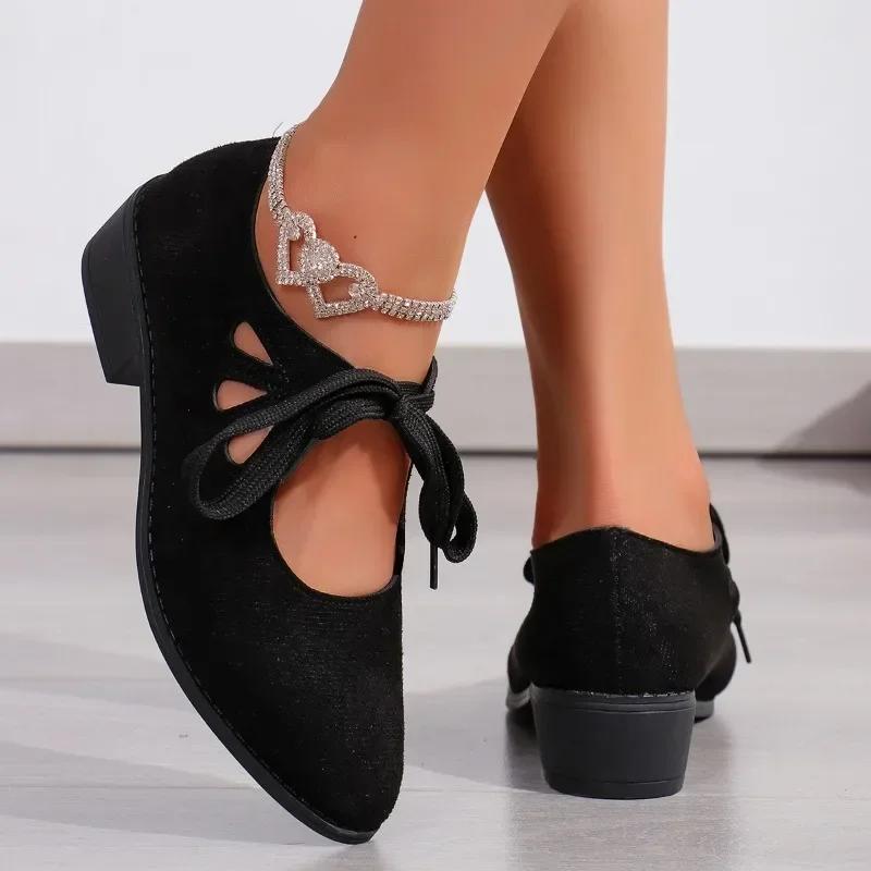 Fashion 2025 Hot Sale Women's Shoes Lace Up Women's Pumps Autumn Pointed Toe Shallow Solid Outdoor Casual Chunky Heels Large Size Shoes