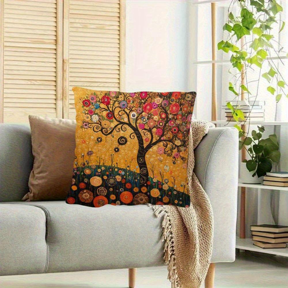 Almofada Árvore Floral Dourada de Gustav Klimt - Impressão 2D Dupla Face Boêmia com Zíper Almofada Lavável