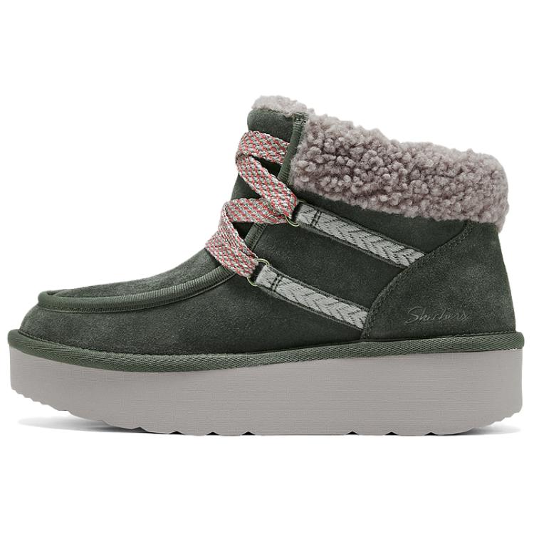 Skechers Suede Padded Warm High-Top Comfortable Fashion Short Snow Boots Women boots Olive-Green 169142-OLV 35