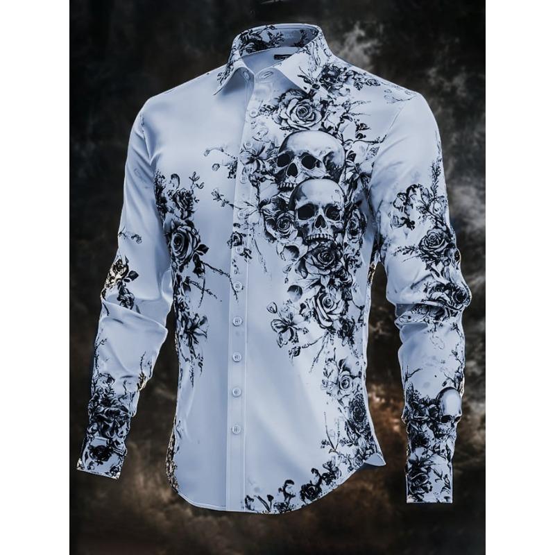 Halloween Thema Mannen Halloween Kostuums Schedels Shirt Knoopsluiting Shirt Casual Overhemd Lange Mouw Donkere Gotische Stijl Tops