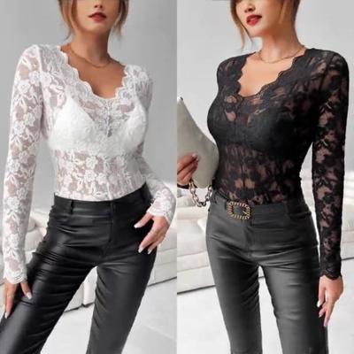 Topuri de damă Margine guler festonat Dantelă simplă Mânecă lungă Tricou Slim Topuri Slim