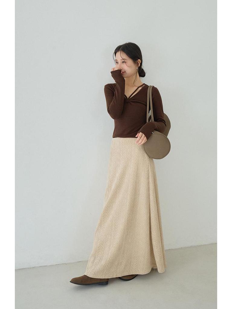 Koreanischer Stil Schwarzer texturierter High-Waist figurbetonter A-Linien-Strick-Midirock für Damen
