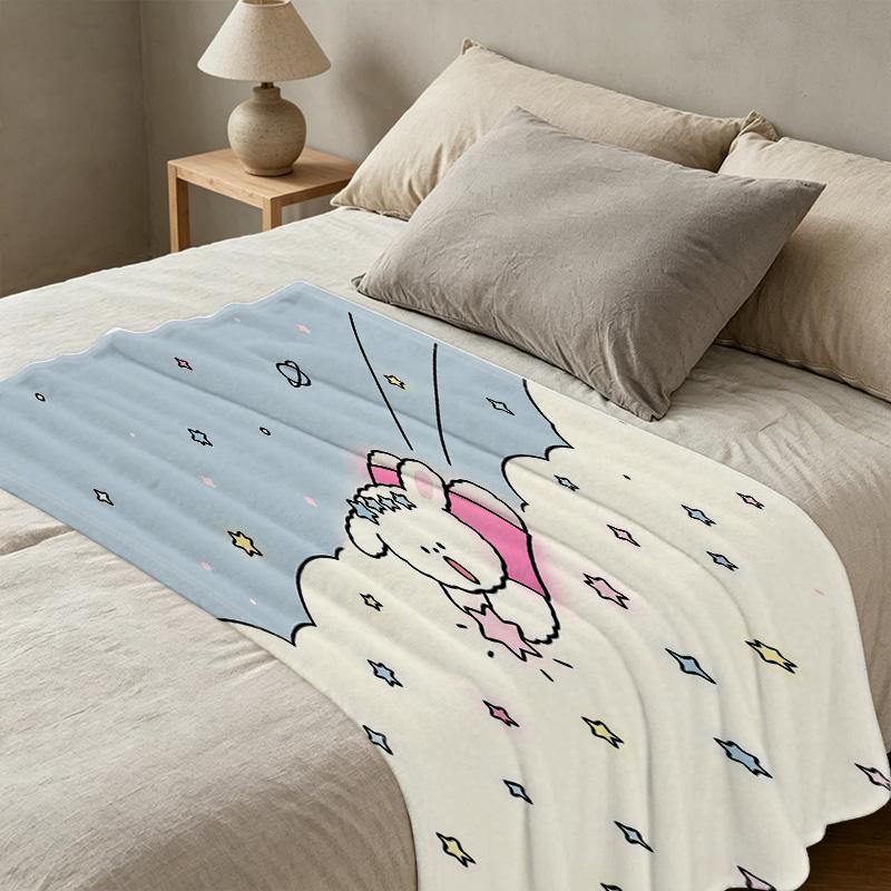 Thick Warm Flannel Blanket - Cartoon Bunny Pattern, Soft Cozy Throw for Home, Guest Room, Christmas & Halloween, Single Size