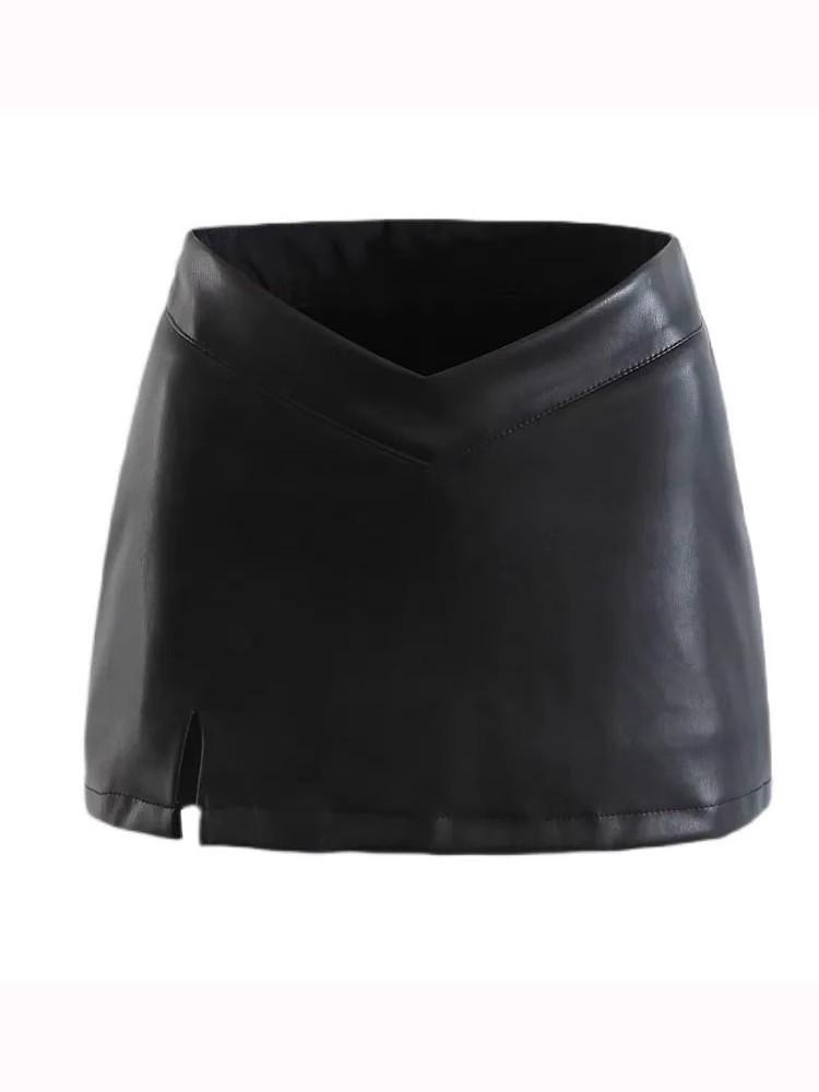 

Женская черная миди-юбка из искусственной кожи с V-образным вырезом, с низкой посадкой, облегающая, маленького размера, с разрезом, для осени 2025. S чёрный