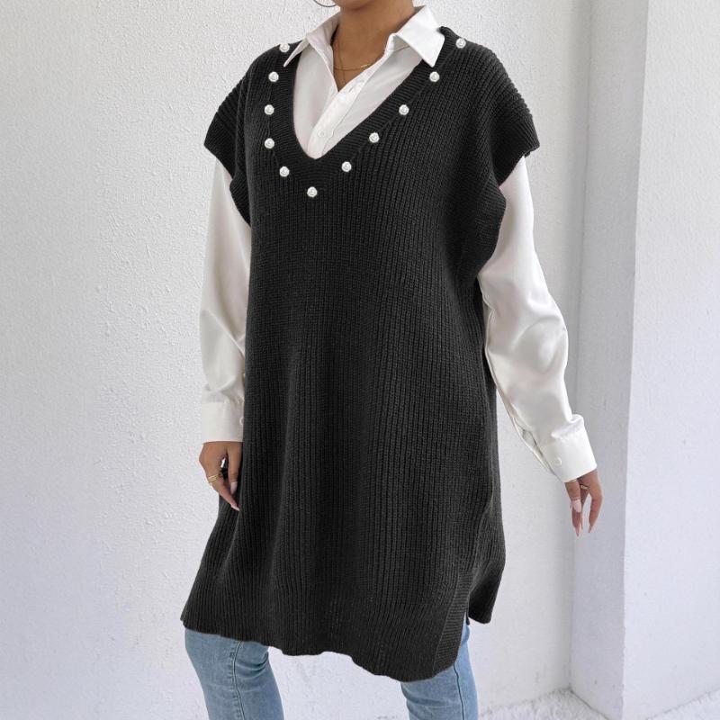 

Женский свитер свободного кроя, большая майка, свитер-жилет с глубоким V-вырезом и бисером, пояс не входит в комплект OneSize чёрный