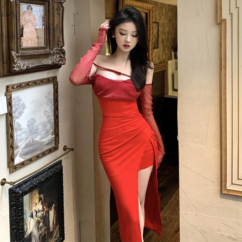 

Женское сексуальное сетчатое платье-рубашка с разрезом и шалью S красный