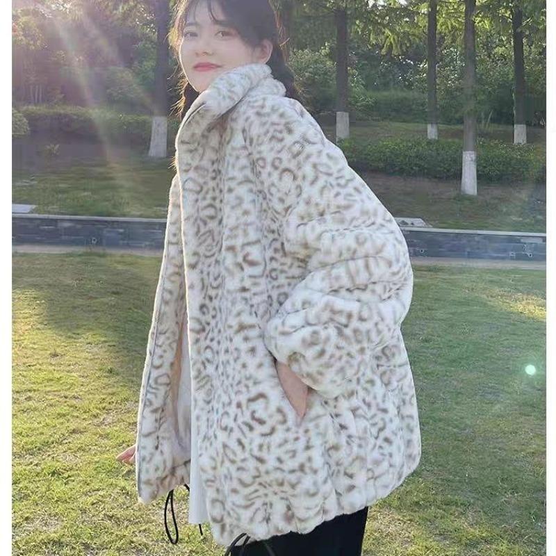 Leopard print fur jacket men's and women's clothing couple winter coat loose jacket imitation rabbit fur plush cotton coat thickened large size