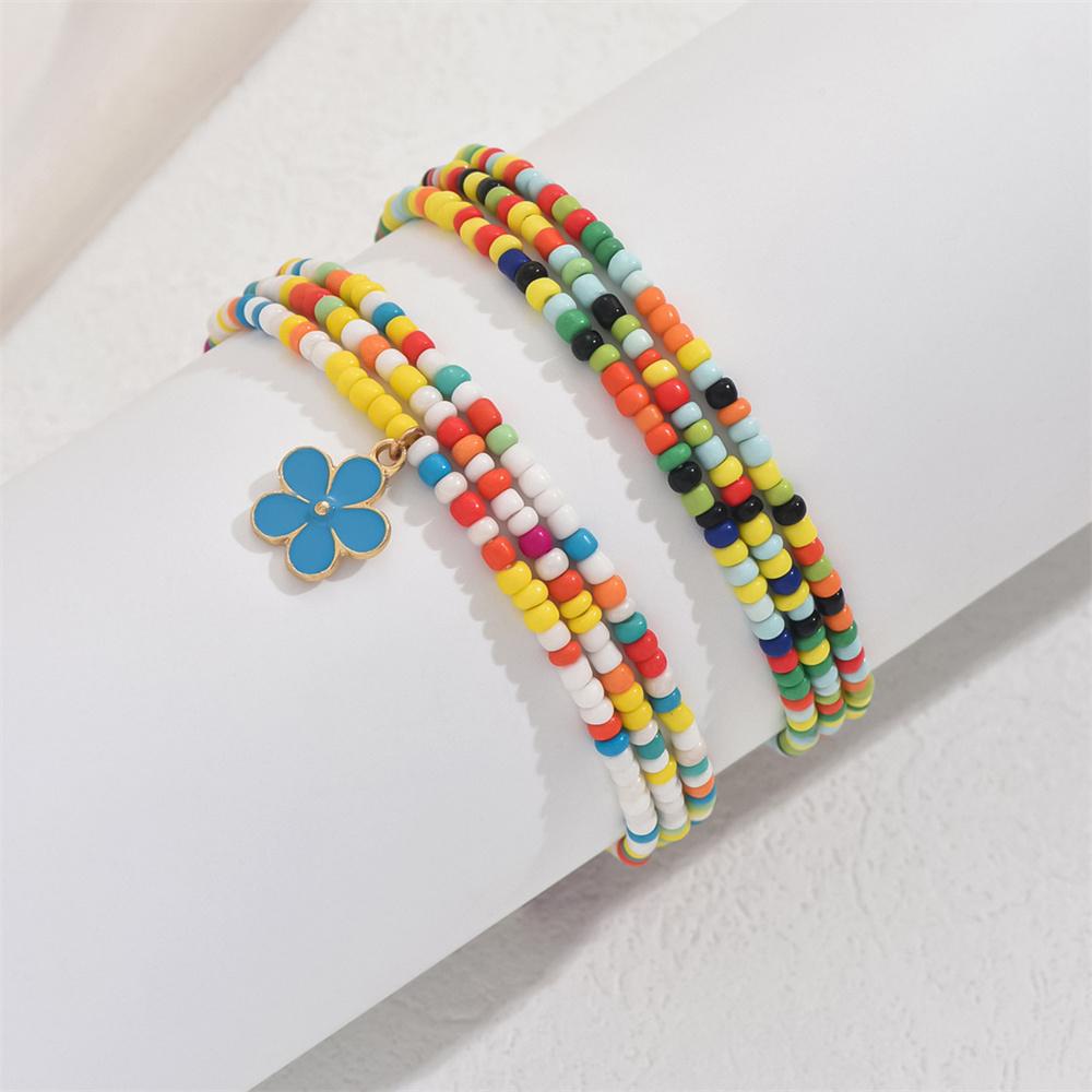 Pink Purple Blue Small Flower Pendant Anklets For Women Rainbow Beads Foot Chain Beach Jewelry Ankle Bracelet Summer Accessories
