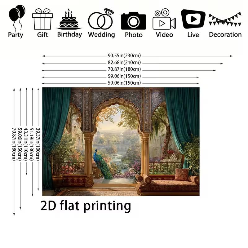 2D Indian Palace Photography Backdrop, Mughal Style Arch with Peacock & Garden View Background Cloth