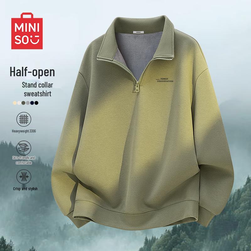 MINISO Men's Fleece-Lined Half-Zip Stand Collar Sweatshirt