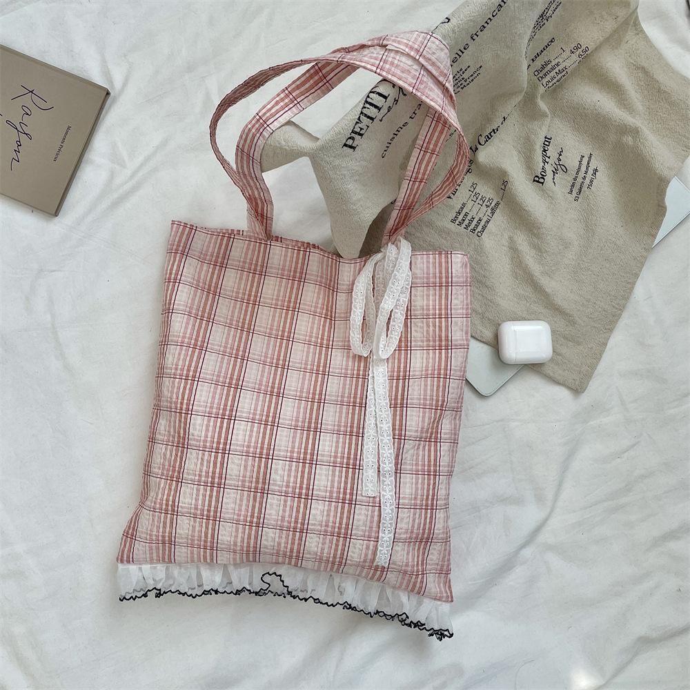 Retro Lace Bow Women's Shoulder Bag Large Capacity Girls Plaid Travel Tote Shopping Bag Commuter Female Handbags Portable Purse