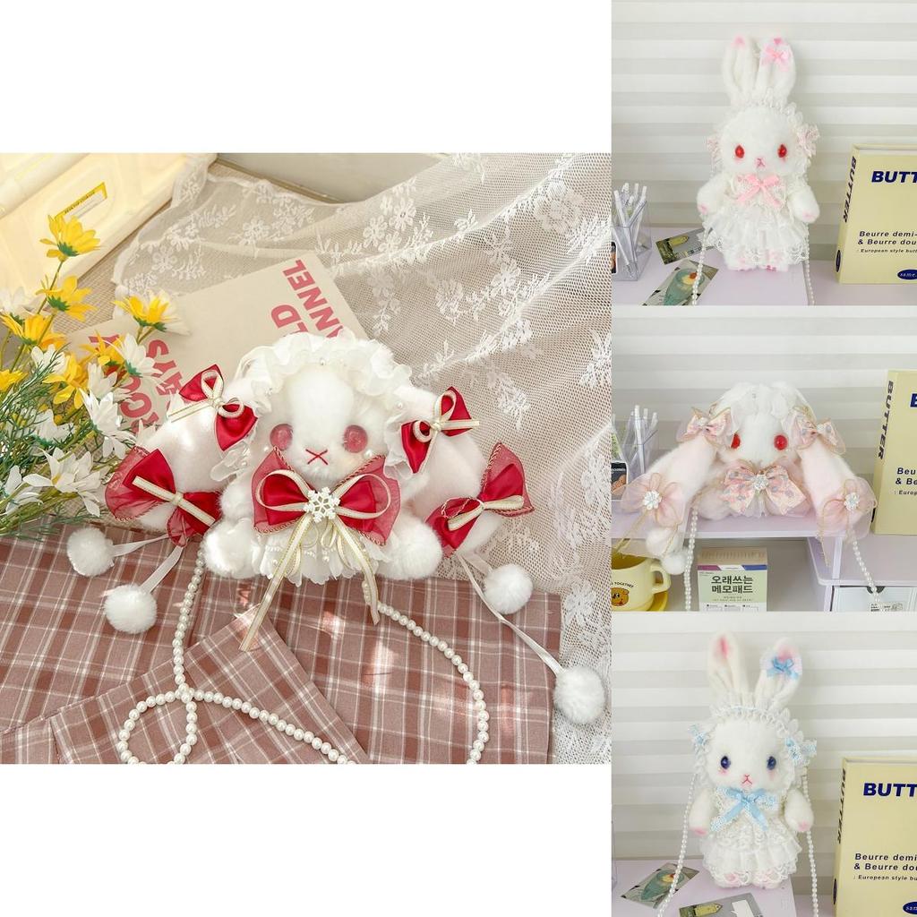 Plush Rabbit Lolita Shoulder Bag With Lace Bow Design And Faux Pearl Shoulder Strap For Daily Use