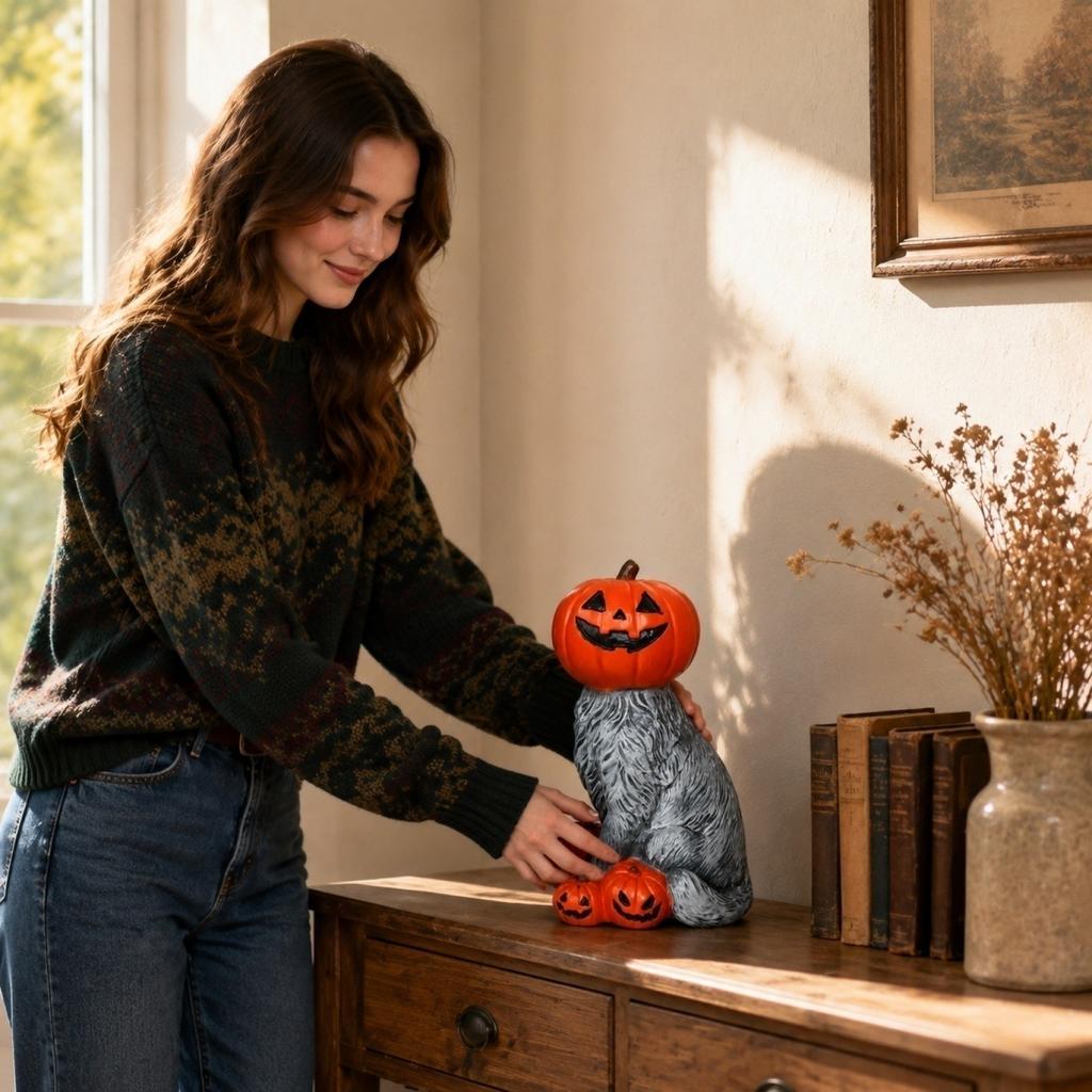 Halloween Pumpkin Figurine Decoration for Seasonal Home Display