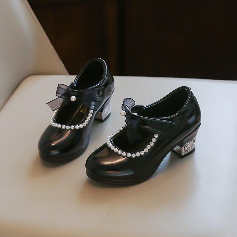 2026 Korean Style Girls' Bow Princess High Heels - Dance Performance Leather Shoes for Kids