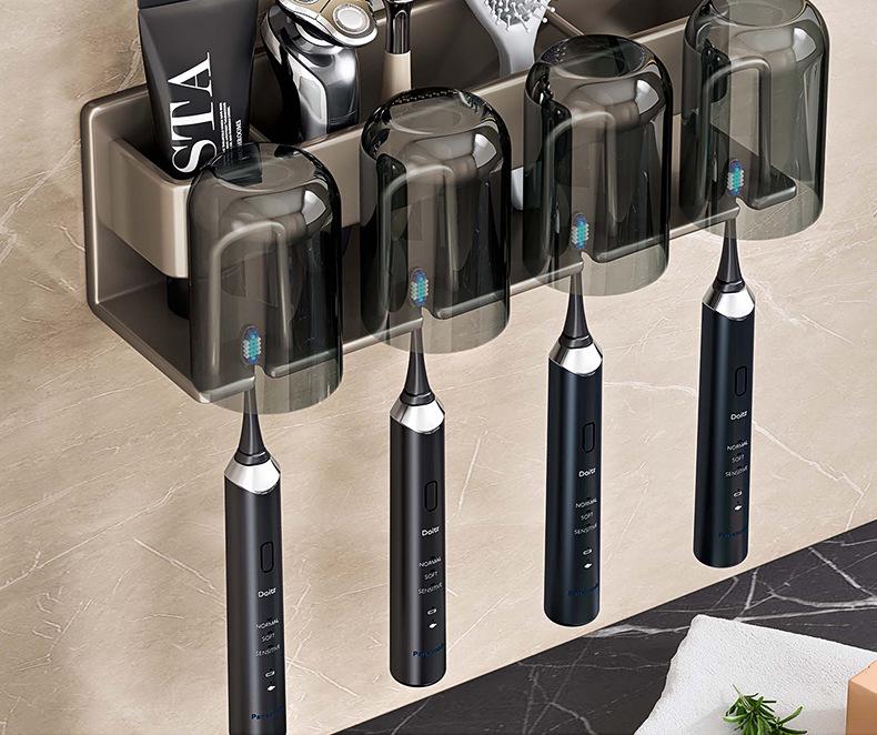 Wall-Mounted Electric Toothbrush & Mouthwash Cup Holder Set - No-Drill Installation
