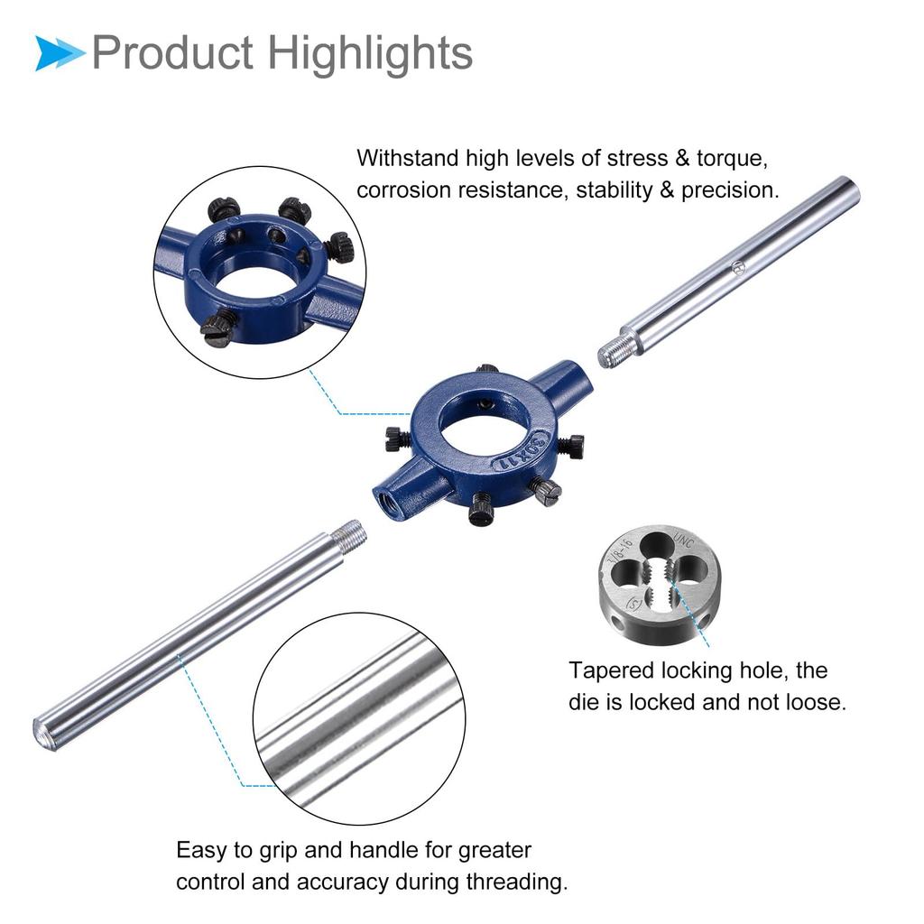CoCud Die Stock Handle Set, 3/8-16 UNC Thread Die and Fits 20mm-30mm Outer Diameter M9-M11 Die Wrench Tool Kit, for Thread Cutting and Repair, 1 Set
