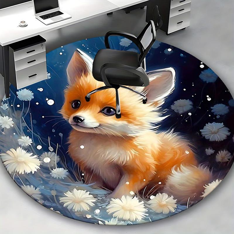 1pc Anime Fox with White Flowers Round Carpet Office Chair Mat, Non Slip Rug for Home Decor, All Seasons