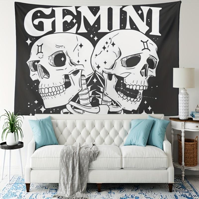 Gemini Skull Tapestry Black and White Gothic Wall Carpet Used Gemini Skull Astrology Room Decoration 100X70CM