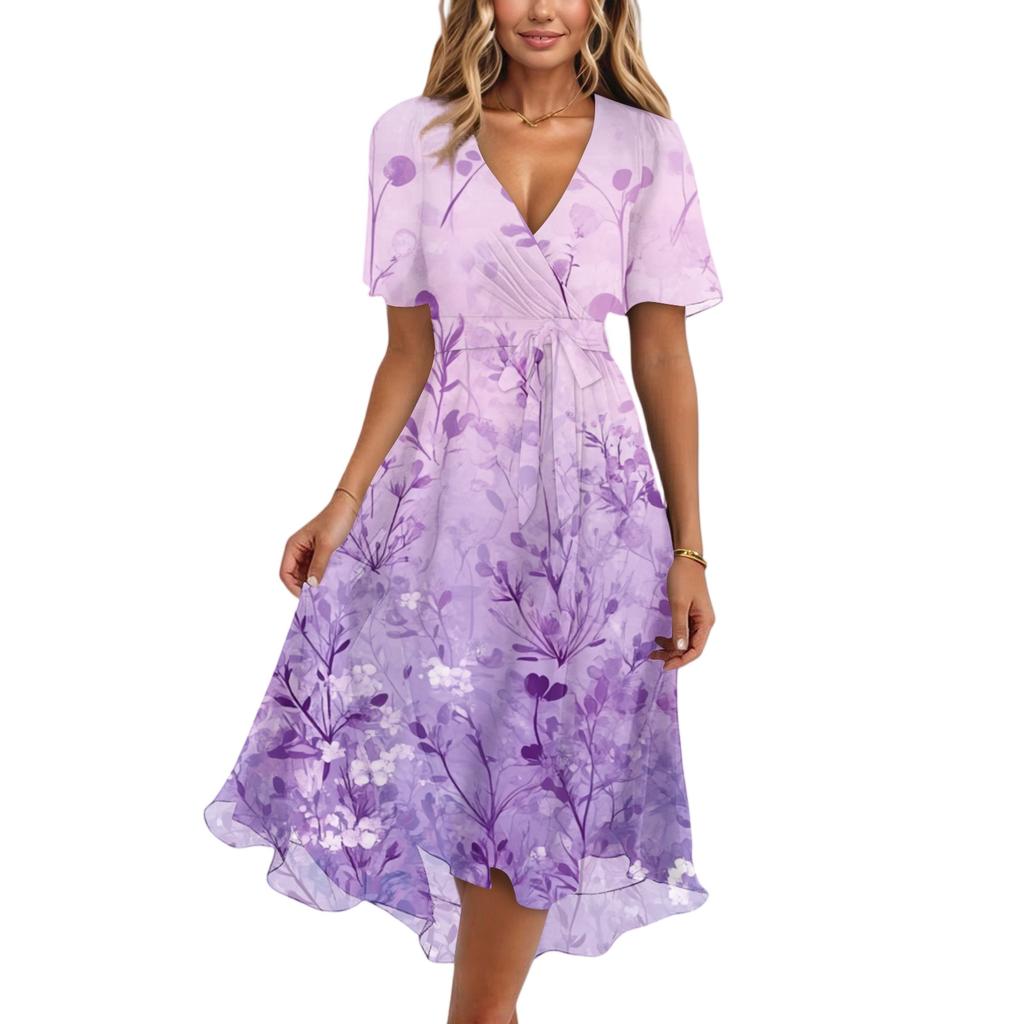 Damenmode Lässig V-Ausschnitt Kurzarm Rüschen Vintage Bedruckte Kleider