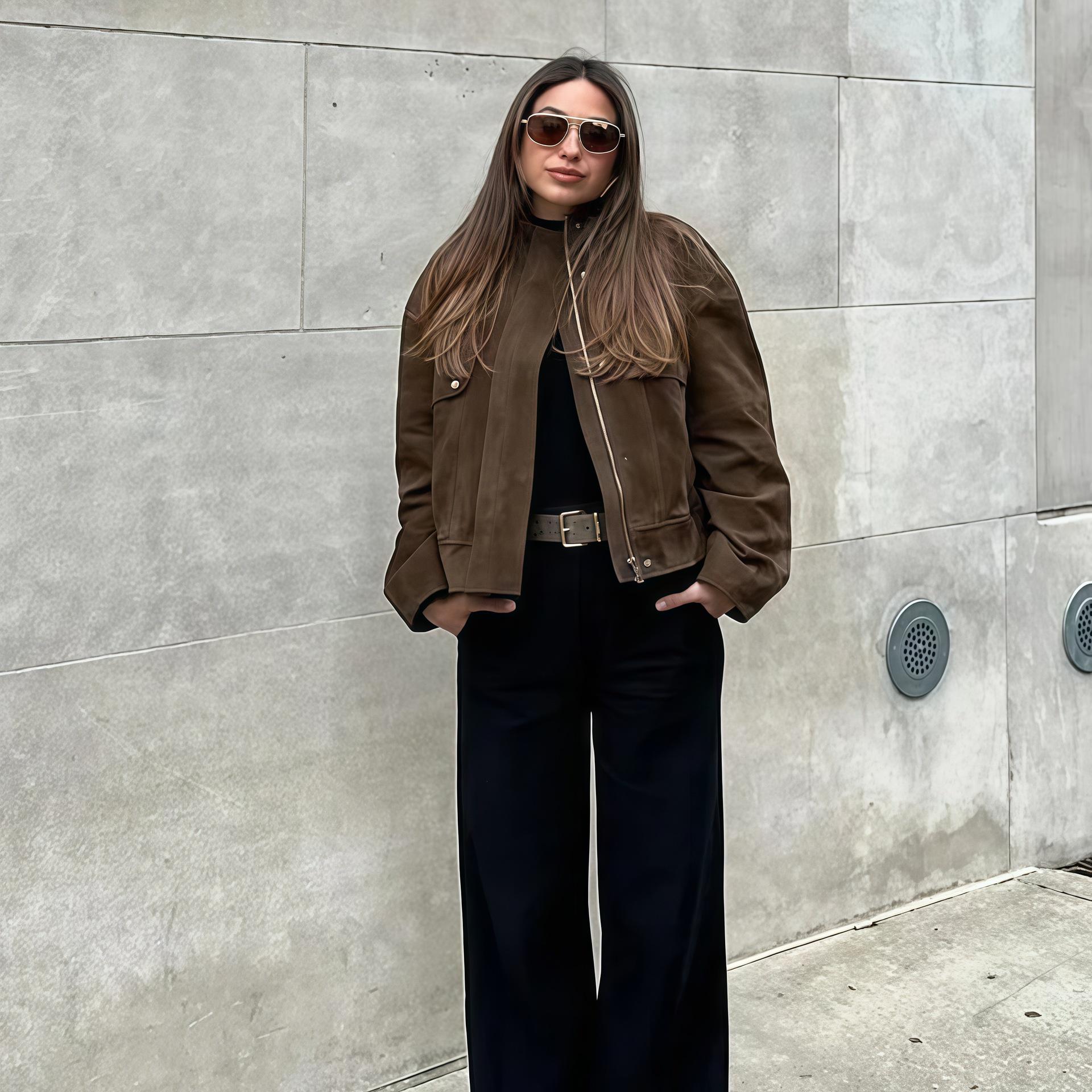 

Кардиган на молнии с отложным воротником и карманами - Европейский и американский стиль Однотонная короткая куртка Small темно-коричневого