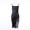 Fashionable Sexy Satin Split Dress, Slim Fit Spaghetti Strap Dress with Asymmetrical Mid-Length Design Temperament Sexy Sling Skirt