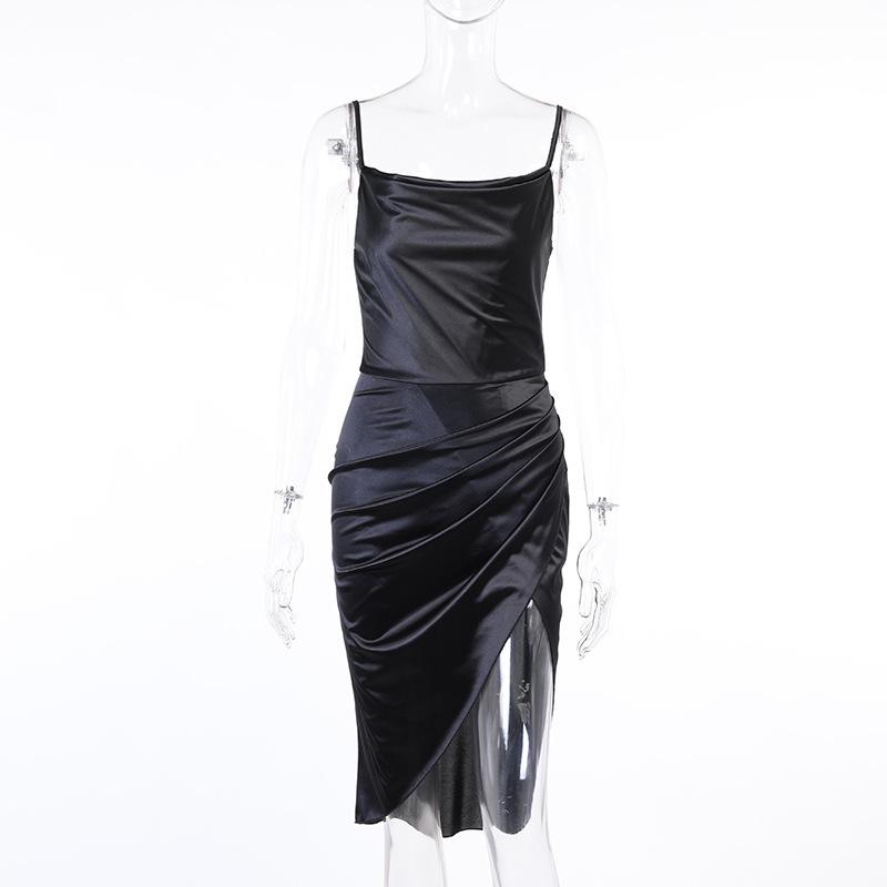 Fashionable Sexy Satin Split Dress, Slim Fit Spaghetti Strap Dress with Asymmetrical Mid-Length Design Temperament Sexy Sling Skirt