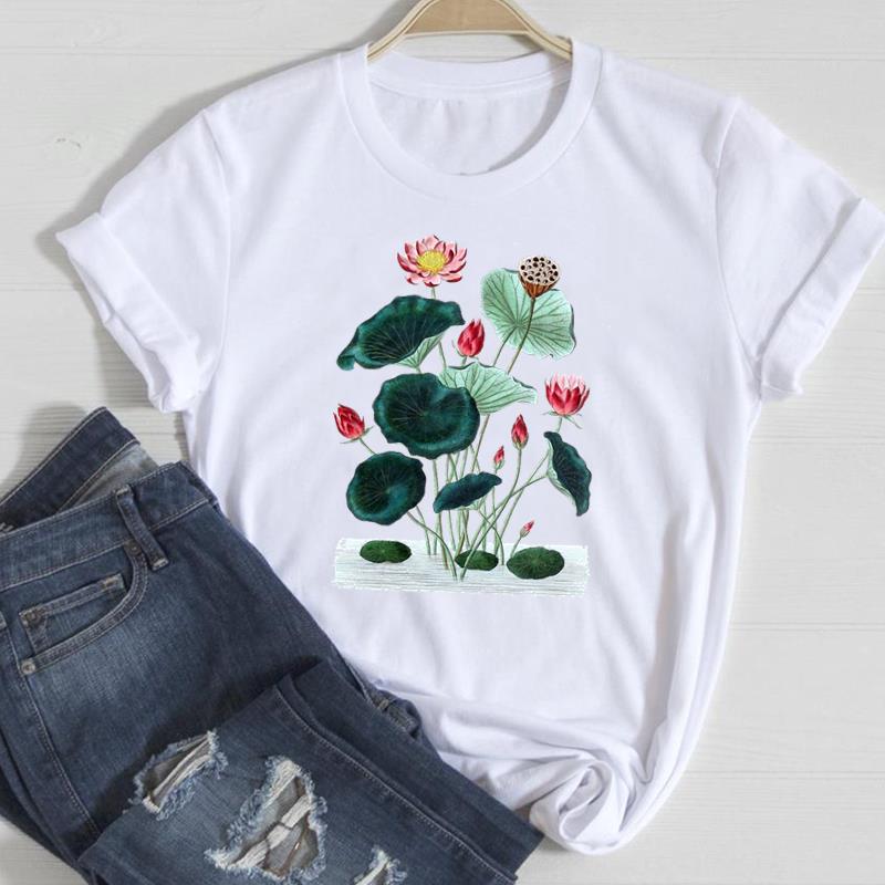 (European Size) 90s Cute Women Print Tee Flower Trend Trend Sweet Top Clothing Fashion Tshirt Lady Female Casual Short Sleeve Graphic T-shirt