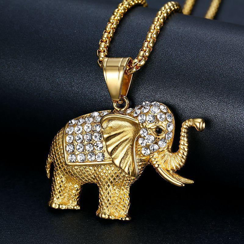Stainless Steel CZ Animal Elephant Necklace Pendant & Chain Hip Hop Gold Color Iced Out Bling Fashion Women Lucky Jewelry Gift