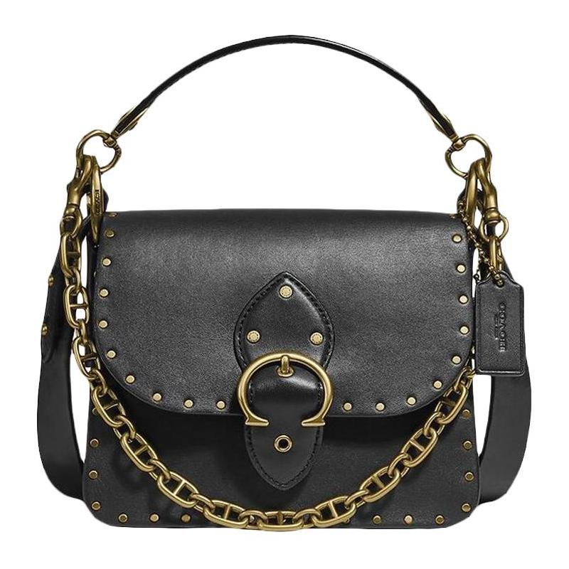 

COACH Beat 18 rivet decorated chain leather small square bag hand crossbody shoulder bag small size women s black чорний
