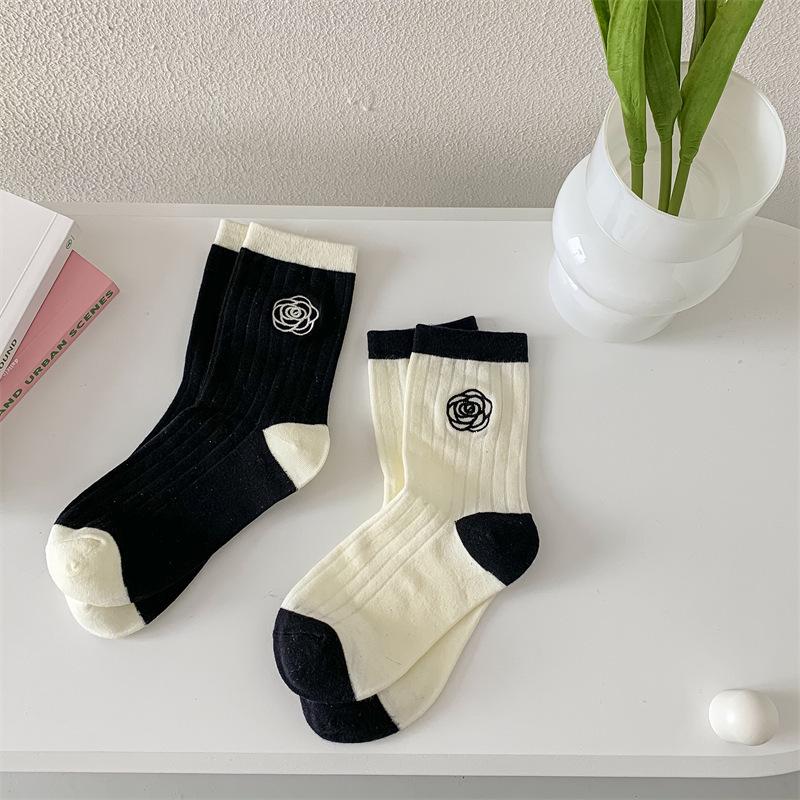 

Camellia 2023 Women s Floral Embroidery Cotton Scrunch Socks - Sweet, Versatile, Trendy Fashion White Base with Black Flower