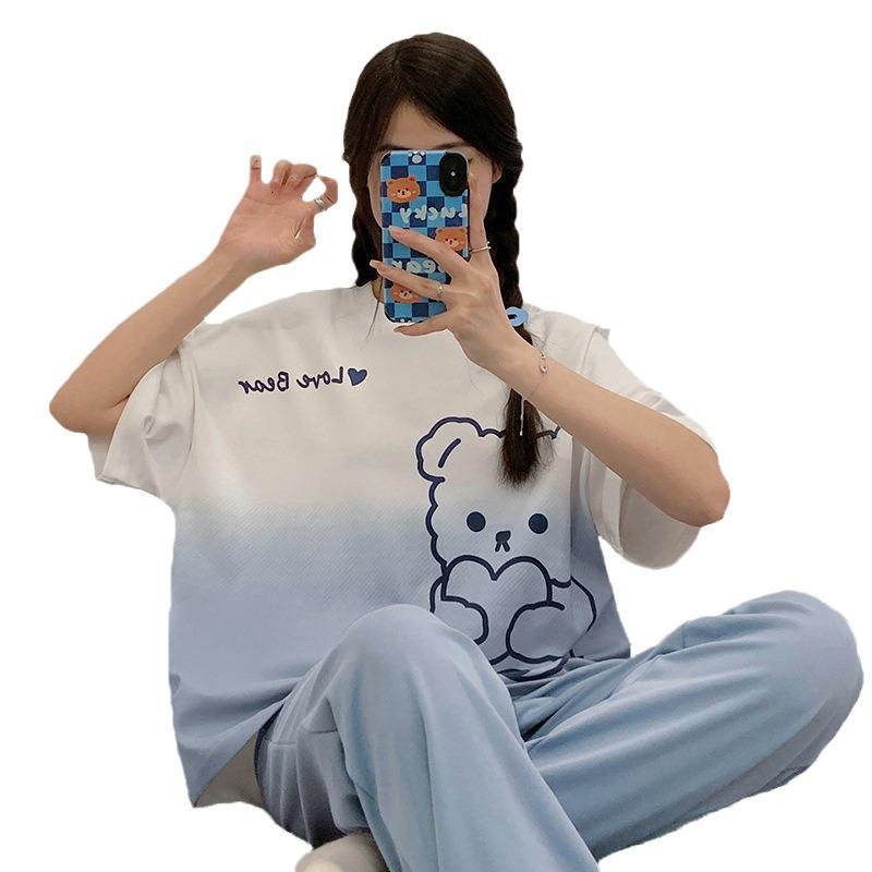 Women's Korean Style Cartoon Pajama Set - Short Sleeve, Long Pants, Plus Size, Casual Homewear