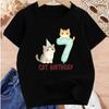 Girls Cat Birthday Cute Floral Print Crewneck T-Shirt, Spring Summer Versatile Kids Tee