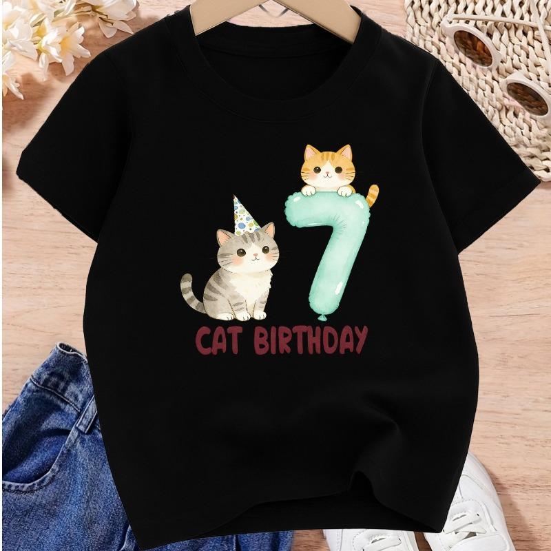 Girls Cat Birthday Cute Floral Print Crewneck T-Shirt, Spring Summer Versatile Kids Tee