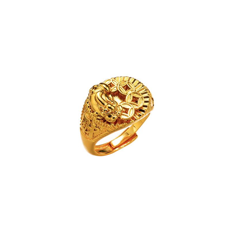 JMXD-Yellow Gold Pixiu Ring, Retro Versatile Light Luxury, High-end Atmosphere, Safe and Lucky, Meaning Coin Opening Index Finger Ring