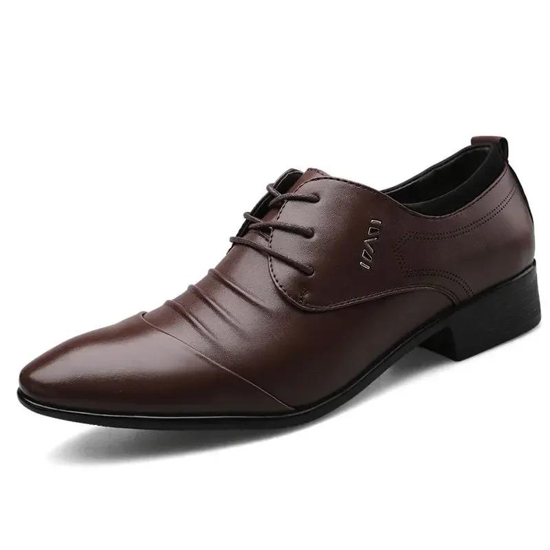 New Classic Men's Formal Shoes with Lace Up White Leather Shoes, Plus Size Pointed Business Casual Men's Wedding Formal Shoes