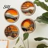 Handgefertigte Holz-Wandkunst 4 Stück Boho-Kunst, Böhmische Sonnenuntergangs-Bergpflanzen-Dekoration, Holz-Schichtdekoration Runder Kreis Ausgeschnitten Bauernhaus Hängend