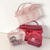 1Pc Purified Red Mesh Makeup Bag With Ruffle Detail Love Embroidery Cute Portable Cosmetic Organizer For Girls Toiletry Pouch