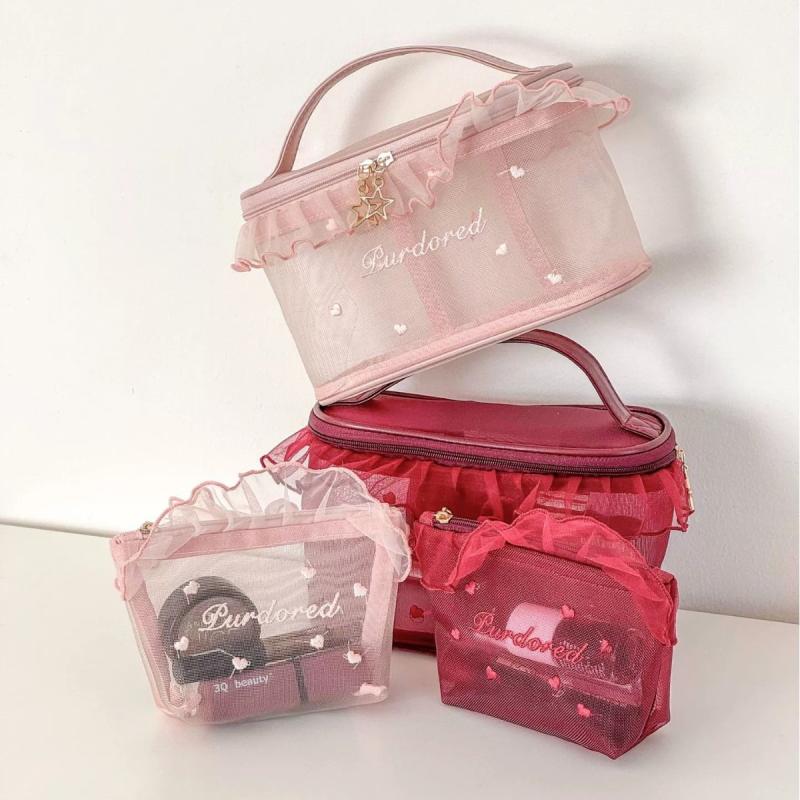 1Pc Purified Red Mesh Makeup Bag With Ruffle Detail Love Embroidery Cute Portable Cosmetic Organizer For Girls Toiletry Pouch