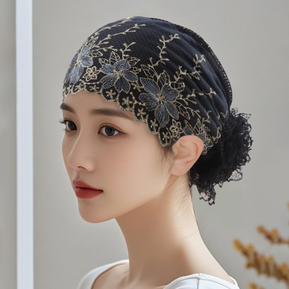 Embroidered Flowers Elastic Curly Hair Hat Breathable Elderly Beauty Cap Headgear