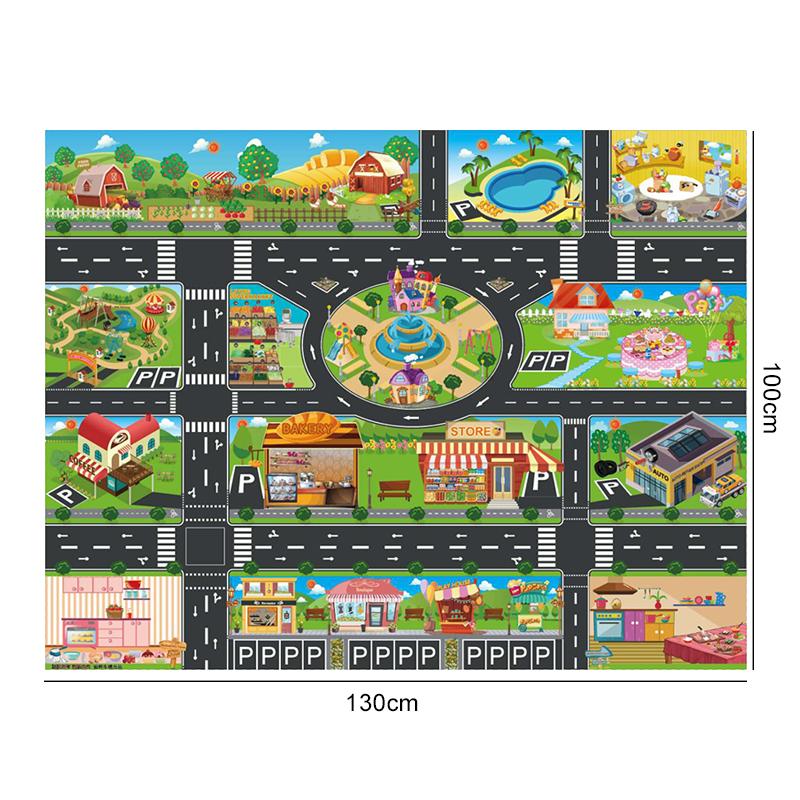 130x100cm Children Games Mat Cartoon City Traffic Map Non-Slip Playmat For KidsToddler Montessori Early Education Toys TMZ