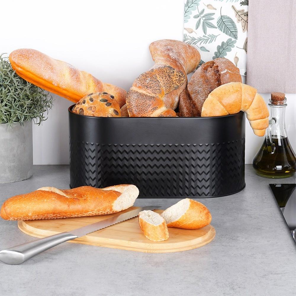 Steel bread bin with wooden board, black, 34x18.5x15.5 cm