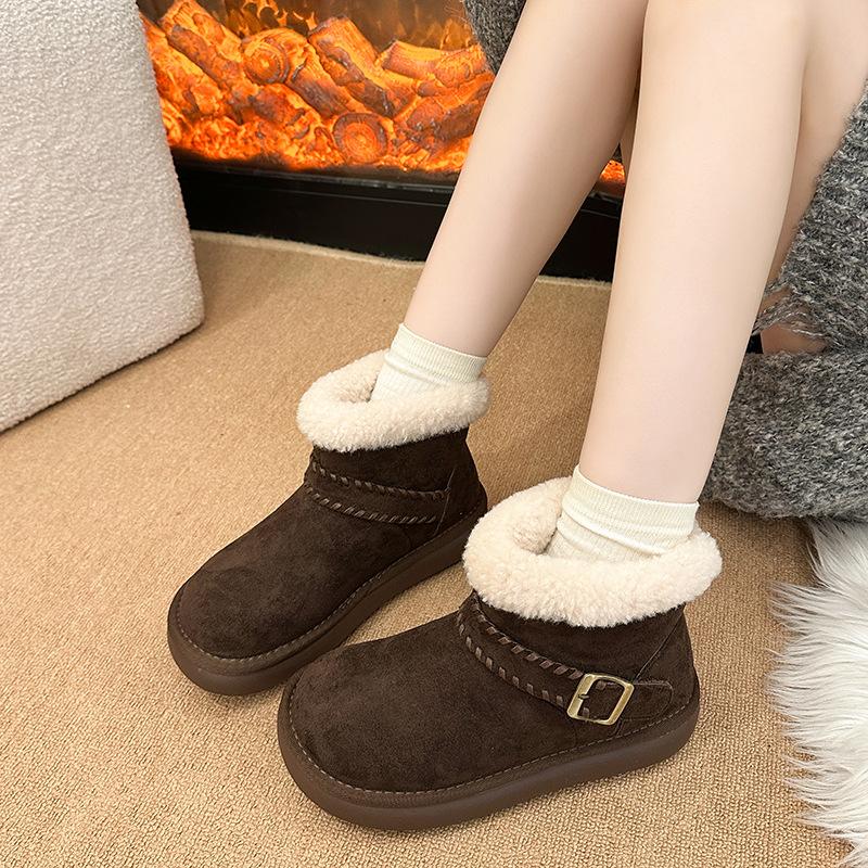 Women's Thick Bottom Winter Belt Buckle Fur One Foot Stirrup Lightweight Warm Anti Cold Padded Snow Boots Non-slip Wear Casual Sneakers Cotton Boots