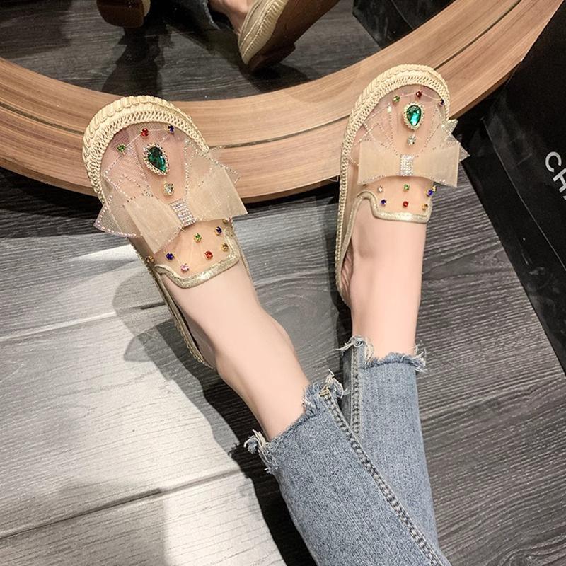 Summer new mesh rhinestone outer wear versatile bag head cool slippers flat bottom half drag women's shoes
