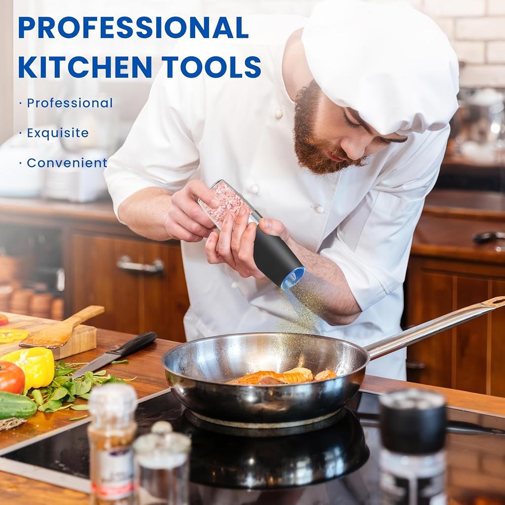 Set Râșnițe Electrice cu Gravitație pentru Sare și Piper, Alimentate cu Baterii, Lumină LED, Operare Automată cu o Singură Mână