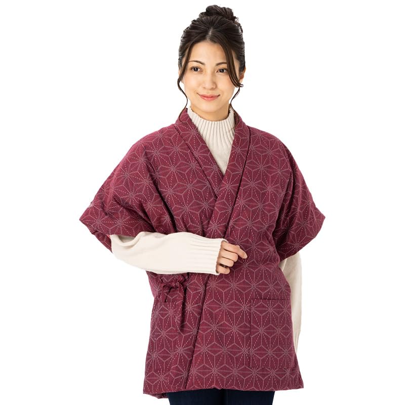 Watanosato hanten for Kurume dobby hanten 16100 hemp leaf Japanese-made women, weave, cotton-filled (free size, red)