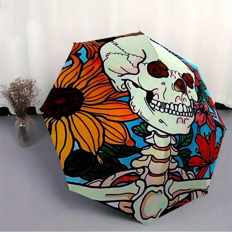 1pc Skull Flowers Automatic Open/close Umbrella, 8-Rib sturdy structure, Portable Travel Umbrella, Parties, Everyday Use, Outdoor Accessory,