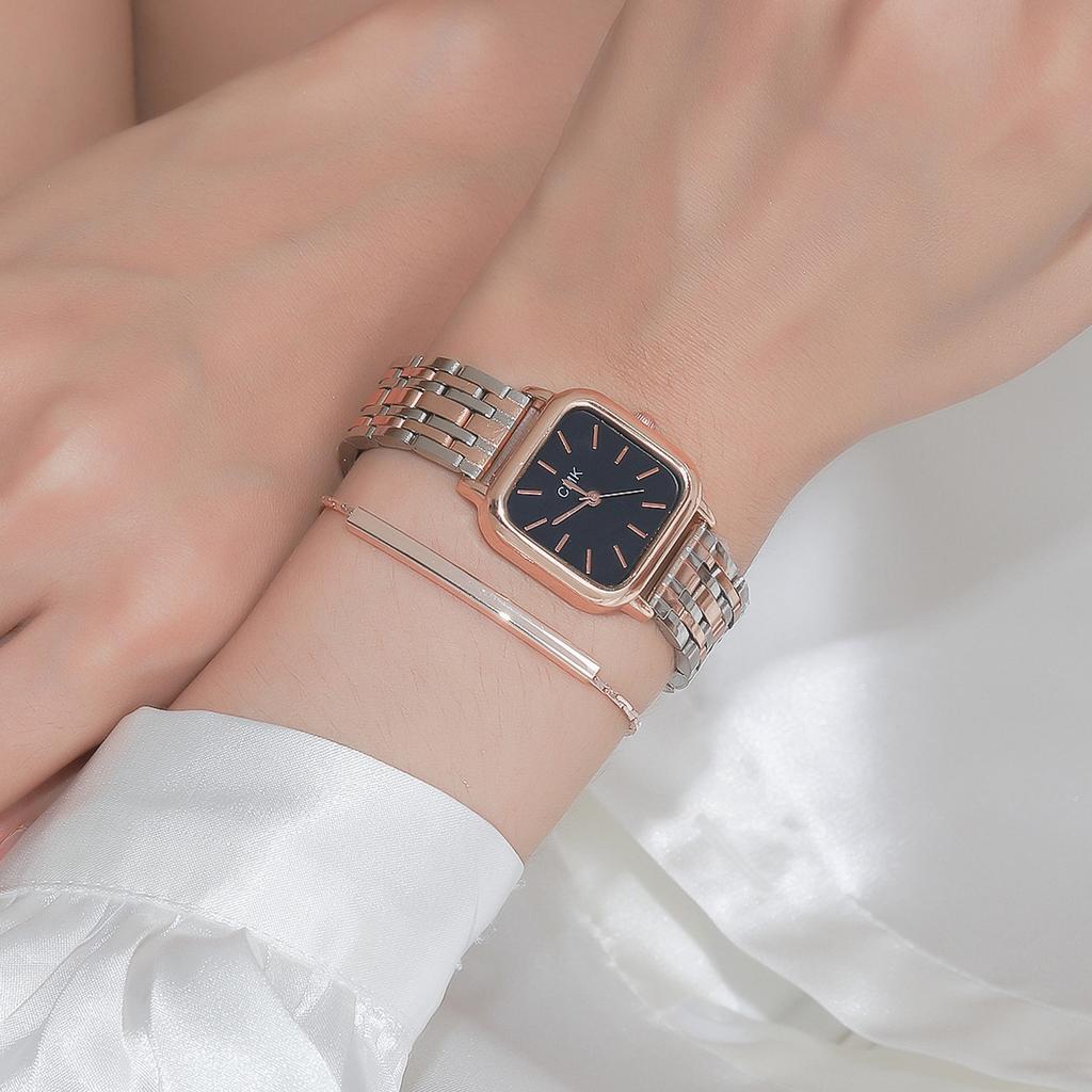 2pcs Fashion Women Watches Casual Square Dial Business Quartz Wristwatches Steel Chain Reloj Mujer Girls Clock Gift Wholesale
